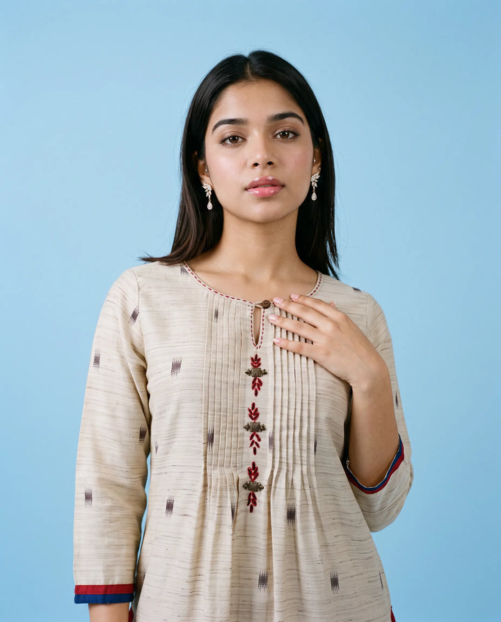 Beige Printed Cotton Blended Straight cut Long Kurta