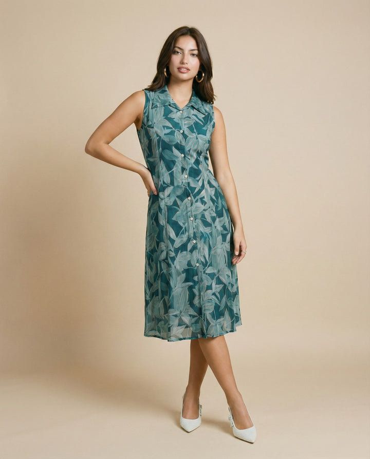 Teal Printed Viscose Blended Midi Dress