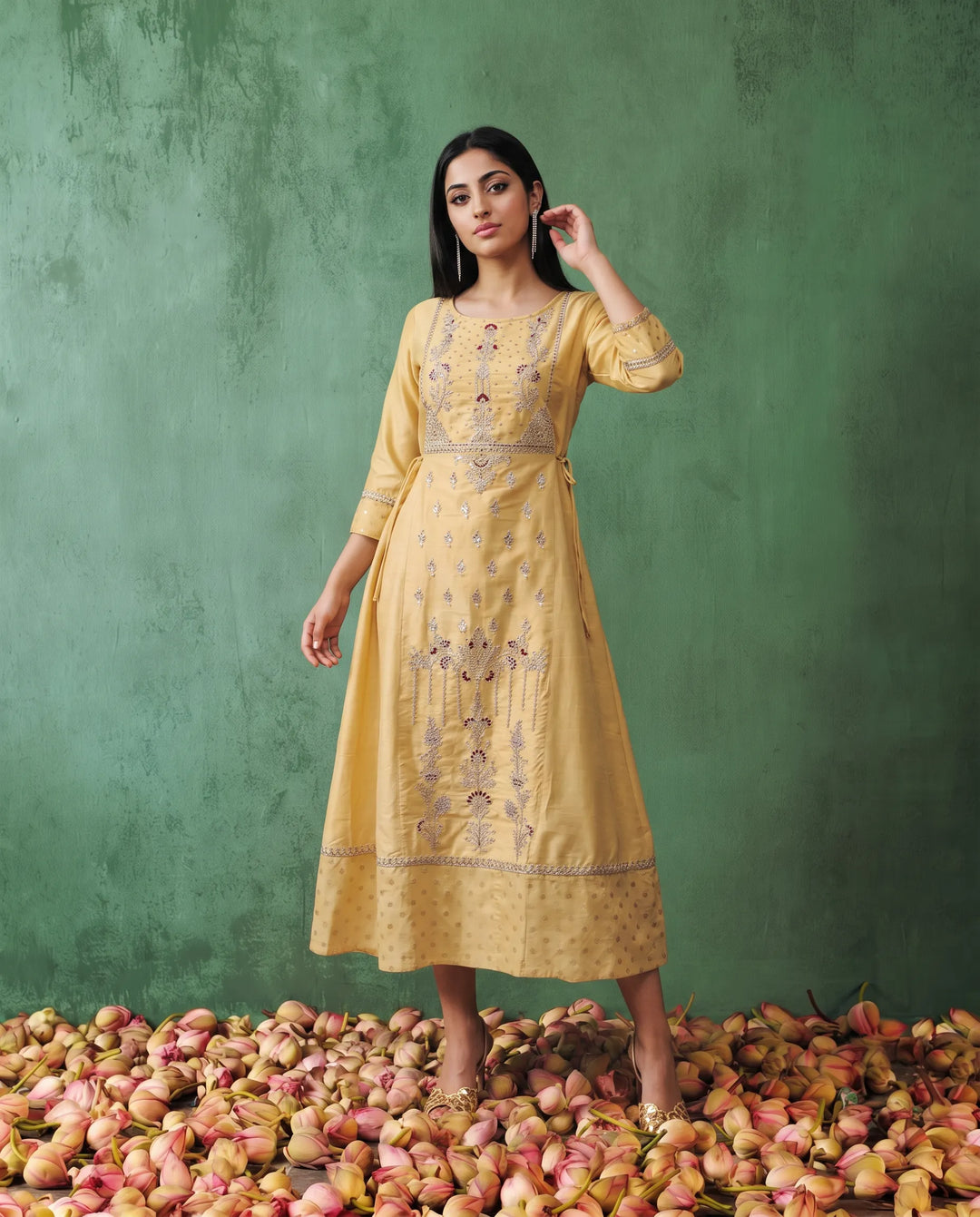 Yellow Embriodered Silk Blended Maxi Dress
