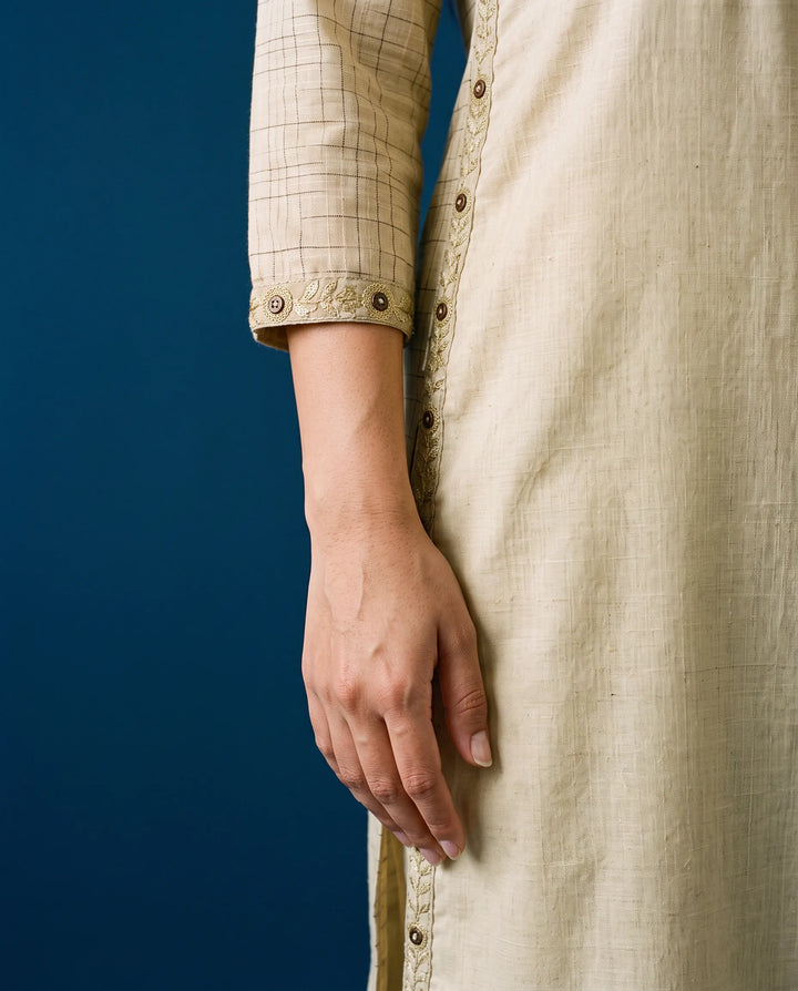 Beige Embroidered Cotton Straight cut Long Kurta