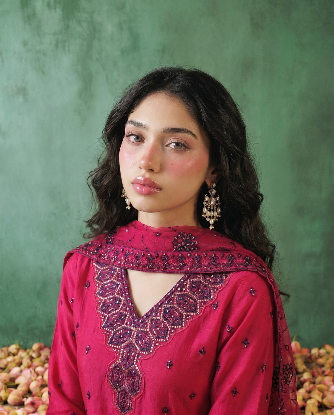Magenta Embriodered Silk Blended Kurta Bottom Dupatta Set