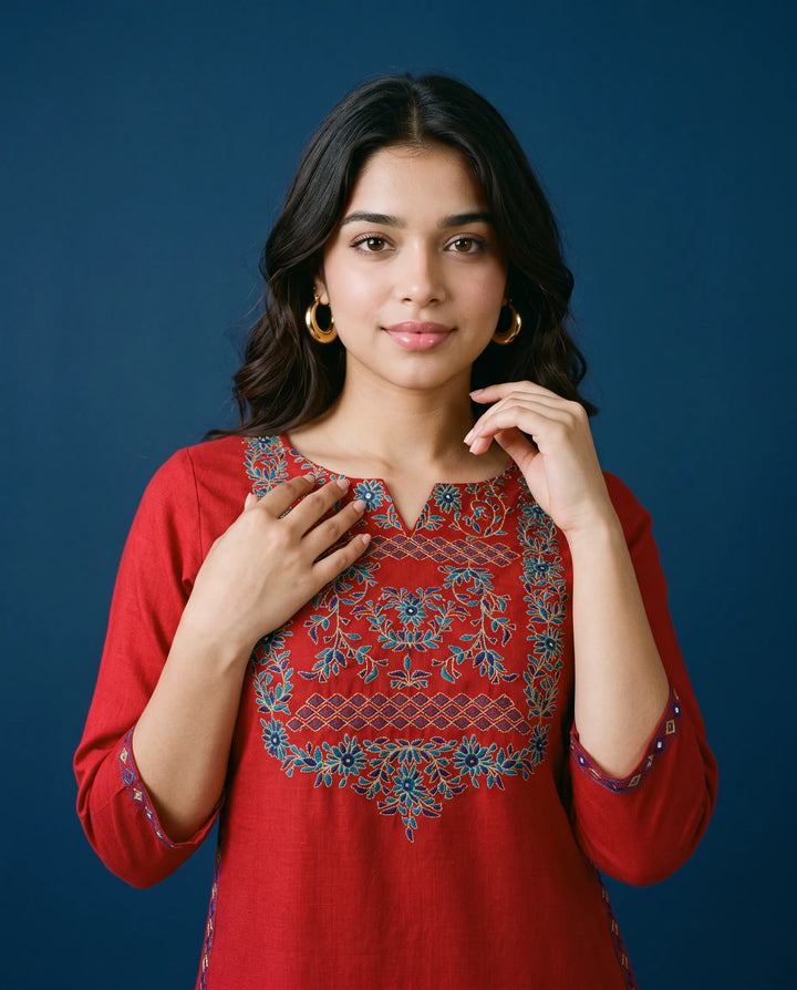 Maroon Embroidered Viscose Blended Straight cut Long Kurta