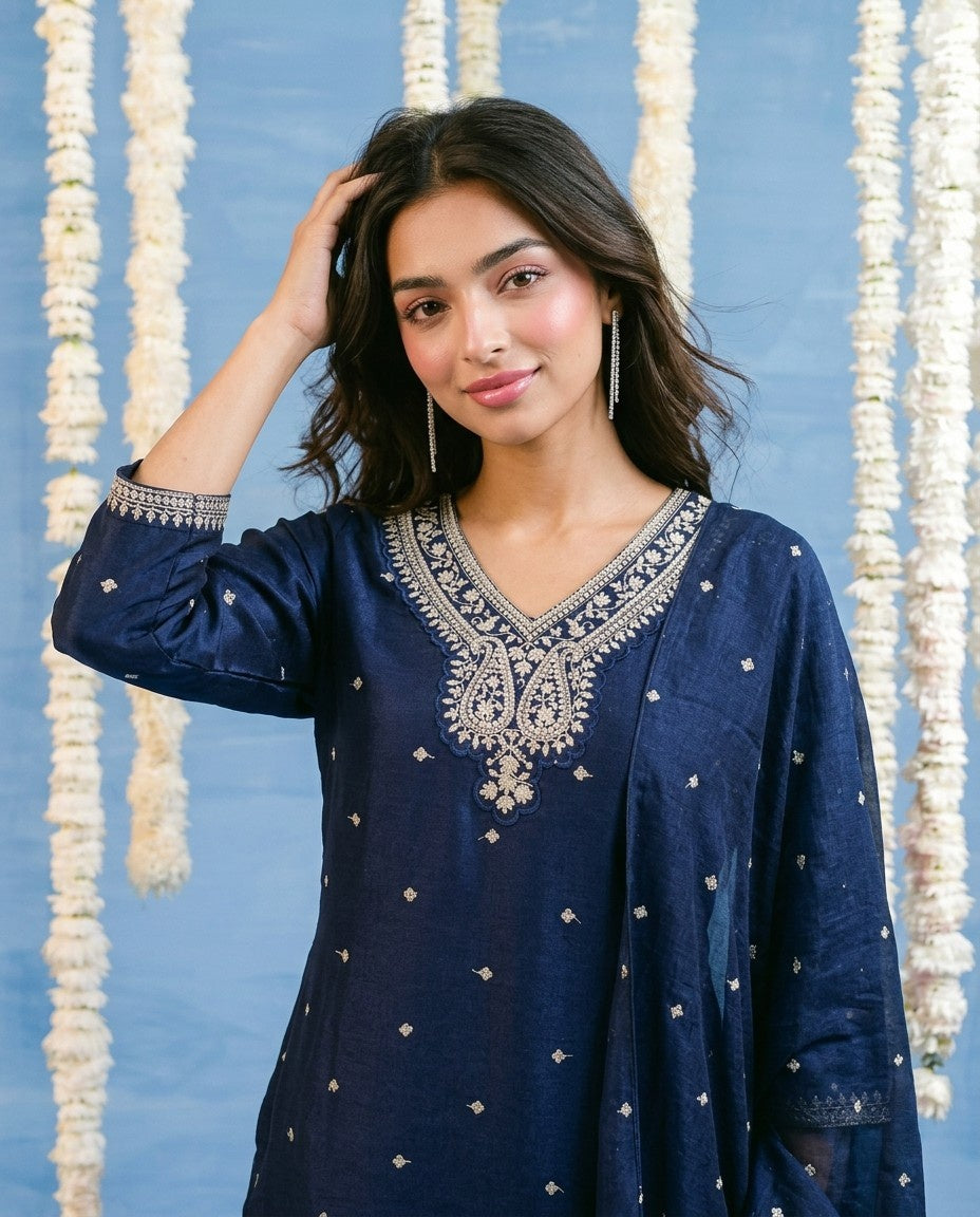 Navy Embriodered Silk Blended Kurta Bottom Dupatta Set