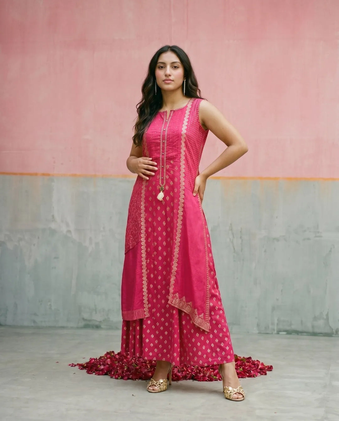 Pink Printed Rayon Sleeveless Maxi Dress