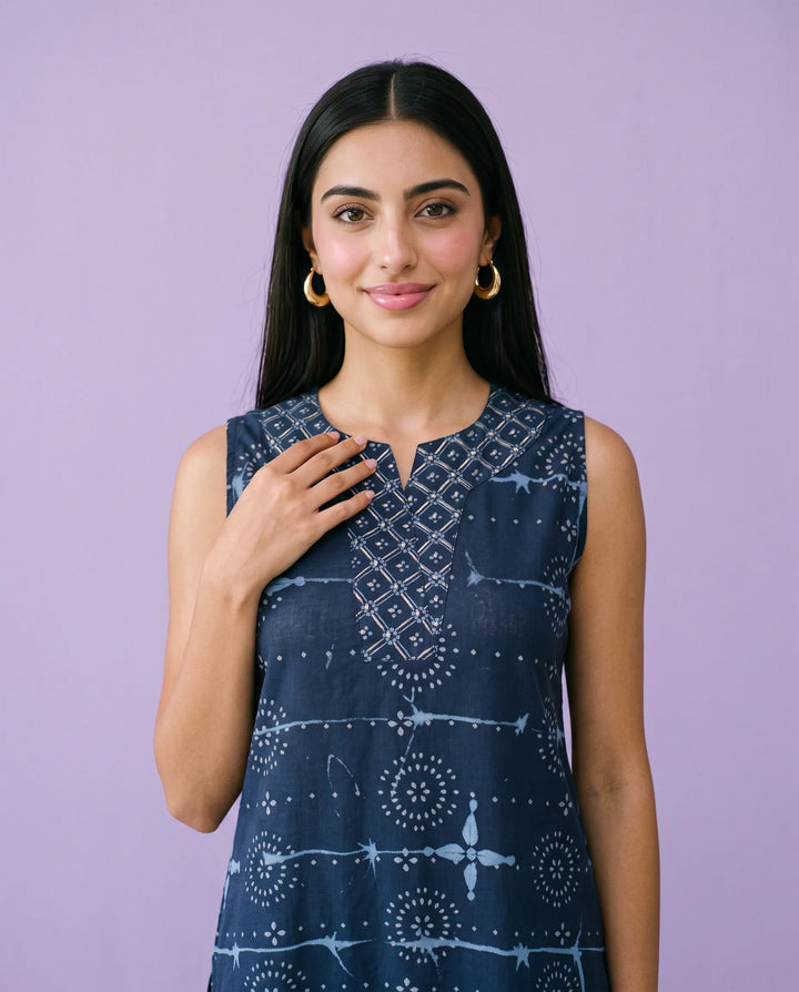 Navy Printed Cotton Midi Dress