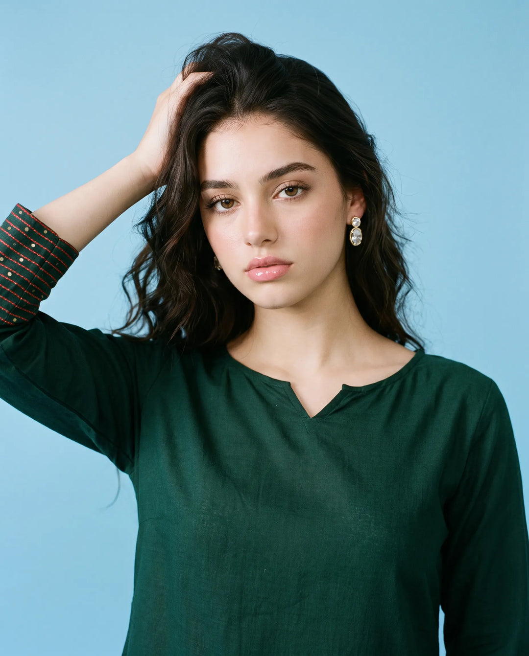 Green Embroidered Cotton Short Kurti
