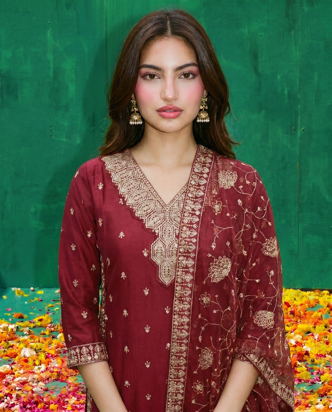 Maroon Embriodered Silk Blended Kurta Bottom Dupatta Set