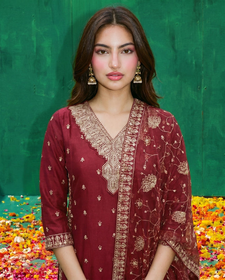 Maroon Embriodered Silk Blended Kurta Bottom Dupatta Set
