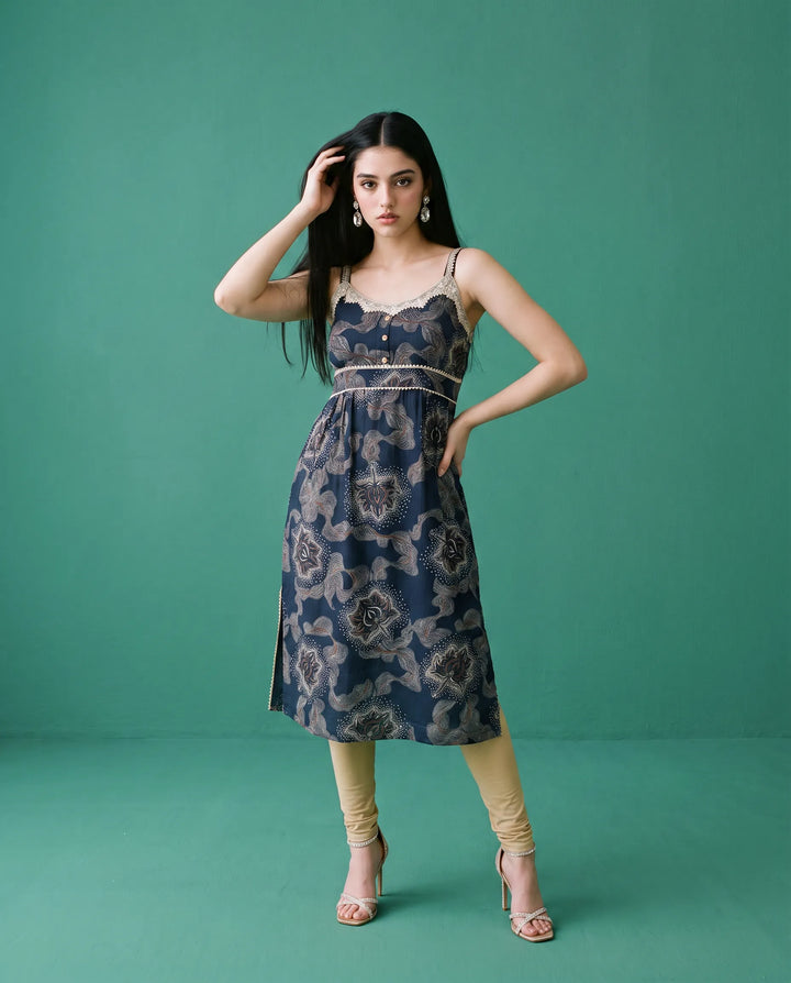 Navy Printed Viscose Blended Spaghetti Strap Straight Cut Long Kurta