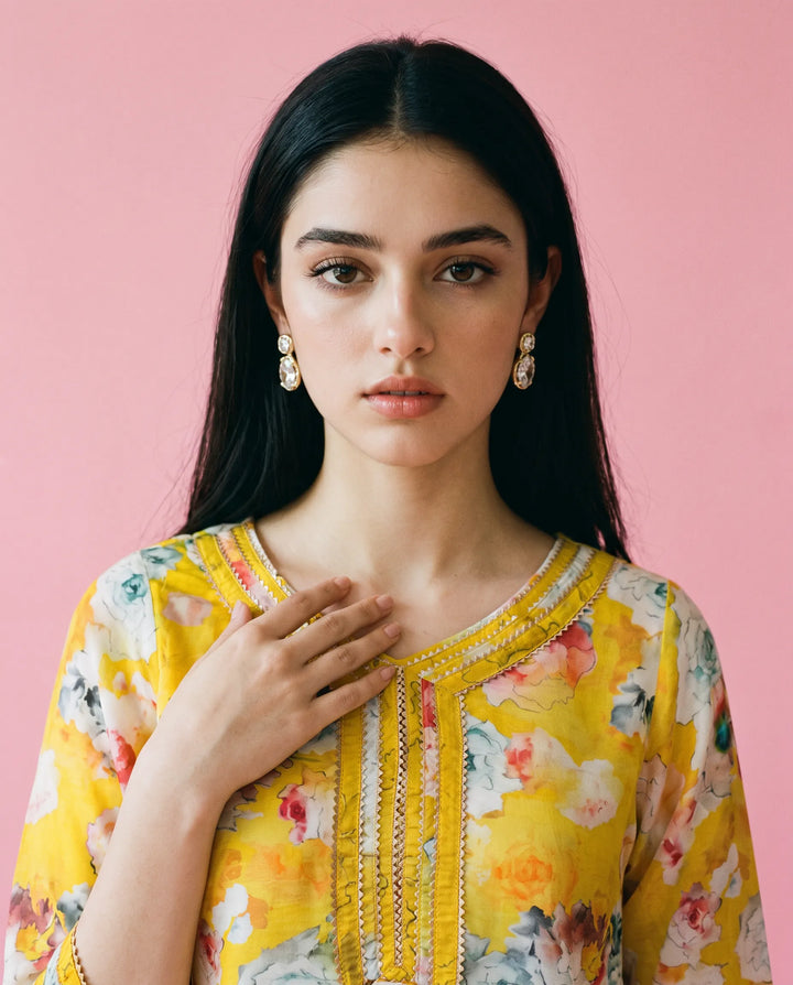 Yellow Printed Crepe Silk Short Kurti