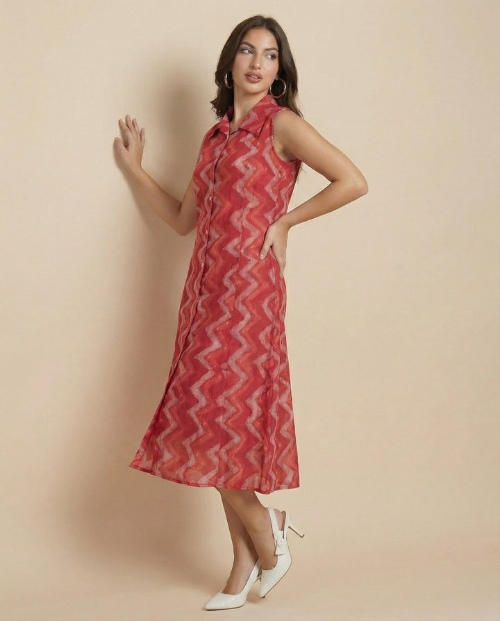 Red Printed Viscose Blended Midi Dress