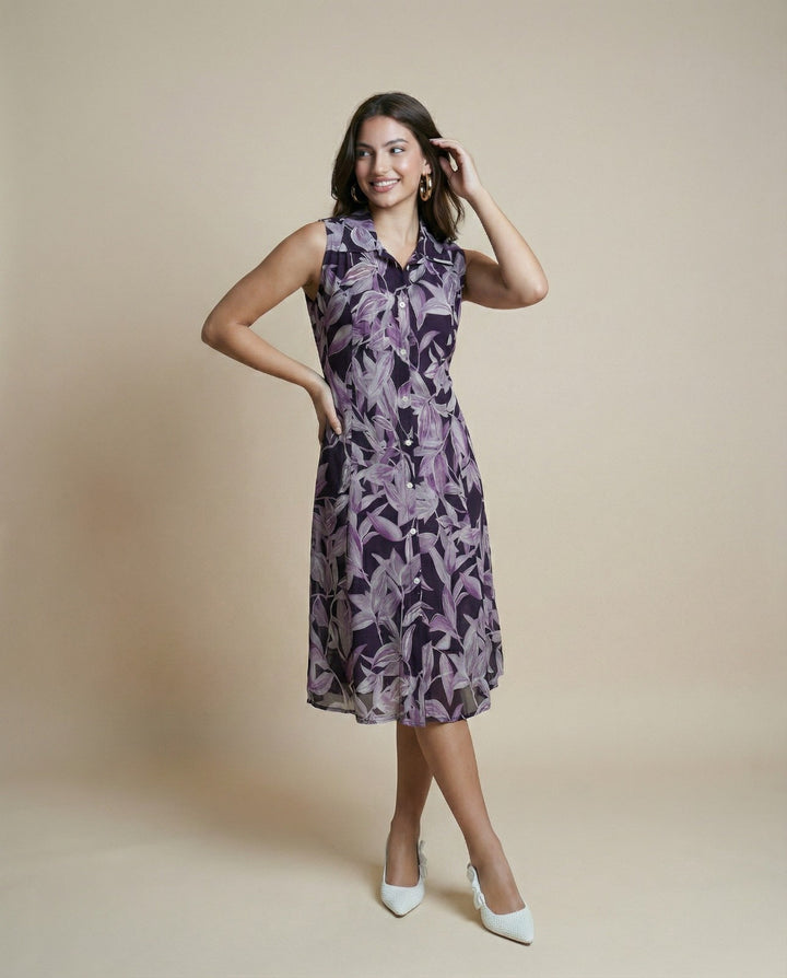 Purple Printed Viscose Blended Midi Dress
