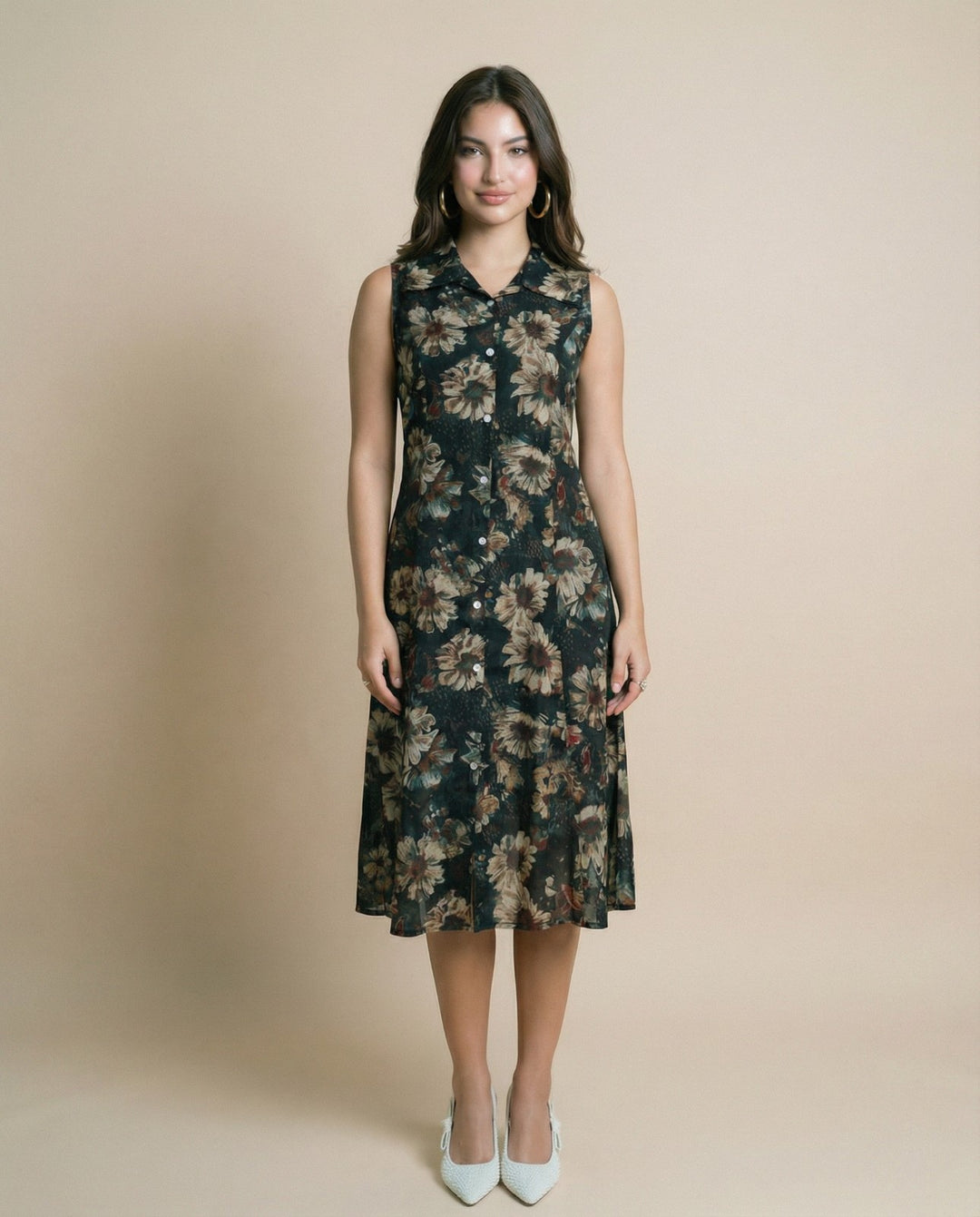 Forest Green Printed Viscose Blended Midi Dress