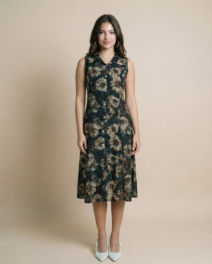 Forest Green Printed Viscose Blended Midi Dress