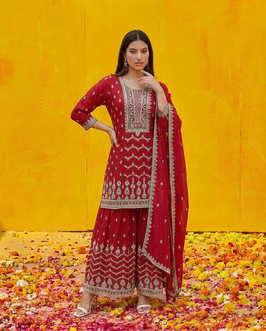 Maroon Embroidered Silk Blended Kurta Bottom Dupatta Set