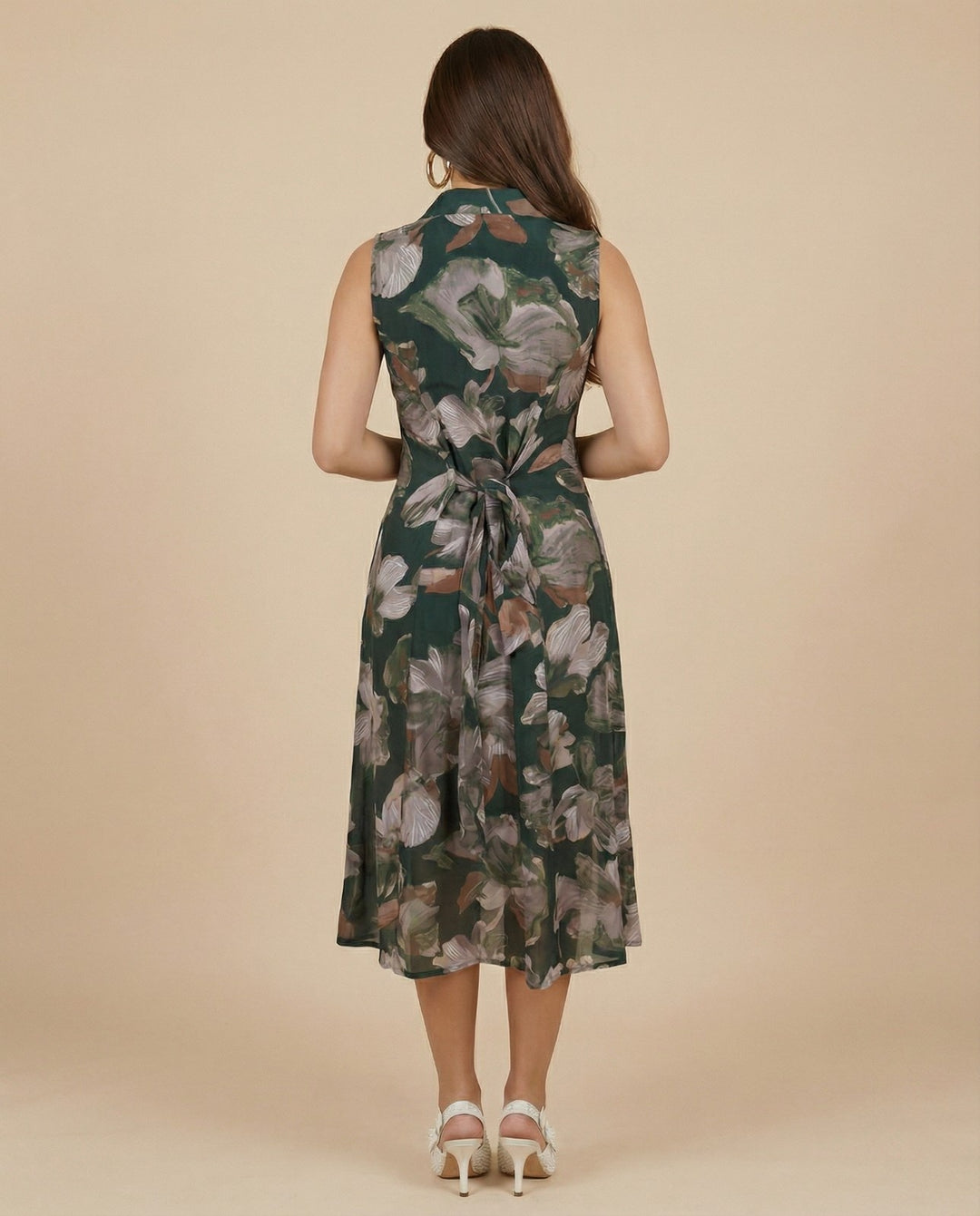 Dark Green Printed Viscose Blended Midi Dress