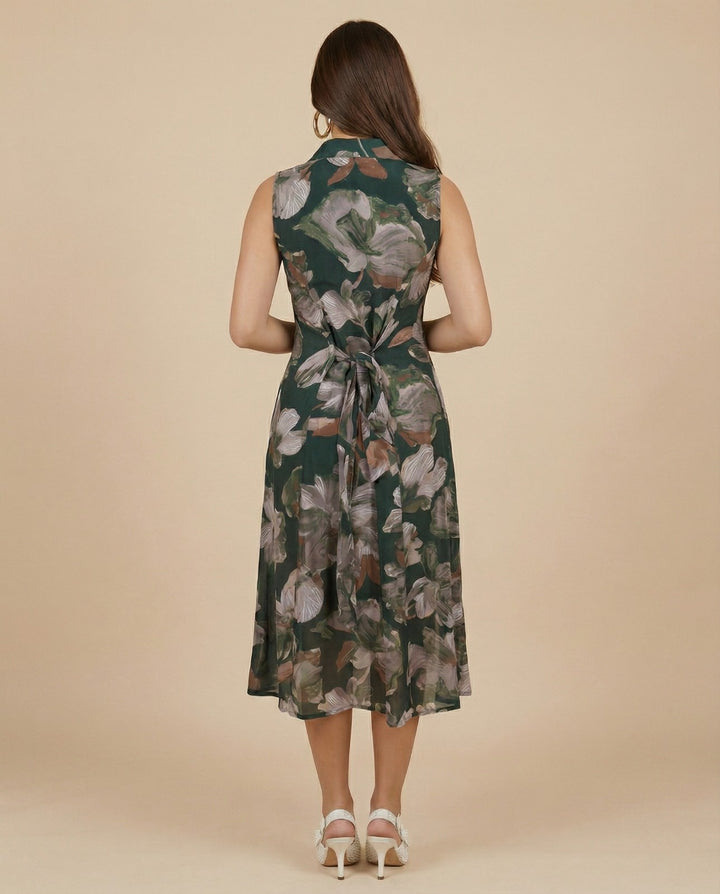 Dark Green Printed Viscose Blended Midi Dress