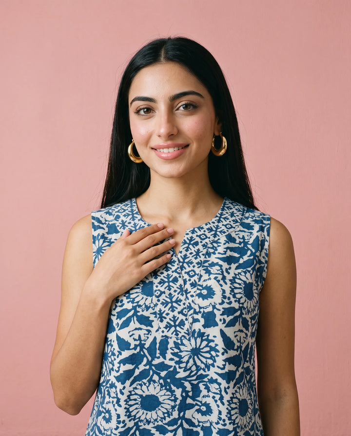 Blue Printed Pure Cotton Hand-Block Printed Midi Dress