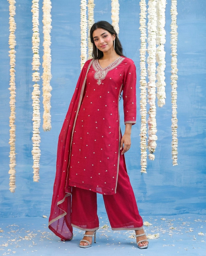 Magenta Embriodered Silk Blended Kurta Bottom Dupatta Set