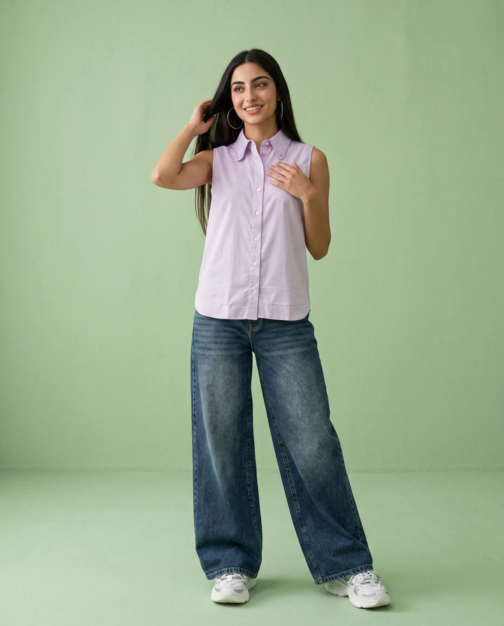 Lavender Solid Cotton Satin Sleeveless Top