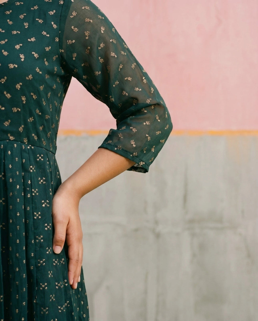 Bottle Green Printed Georgette Maxi Dress