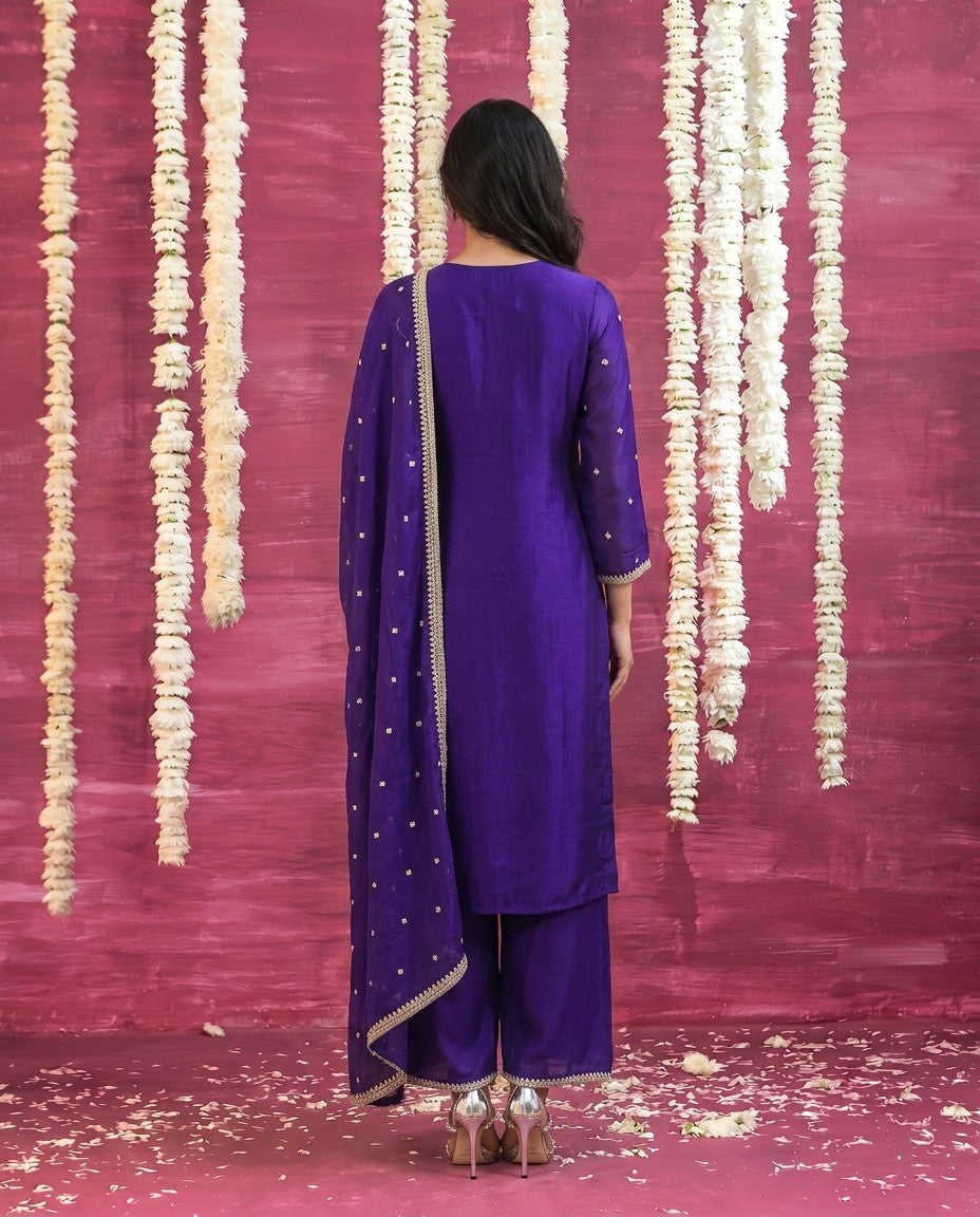 Purple Embriodered Silk Blended Kurta Bottom Dupatta Set
