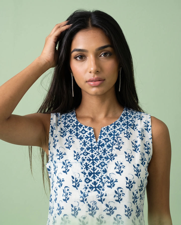 Blue Printed Pure Cotton Hand-Block Printed Midi Dress