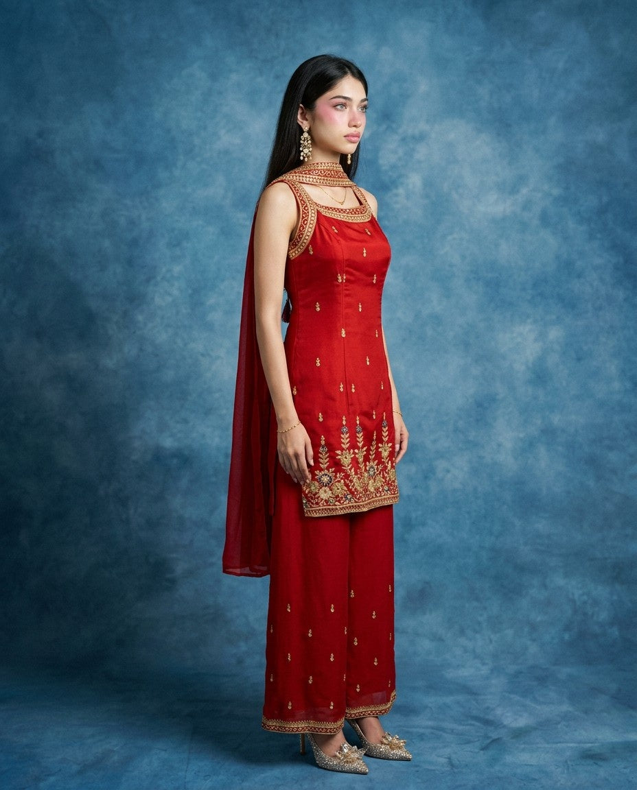 Red Embroidered Silk Blended Kurta Bottom Dupatta Set