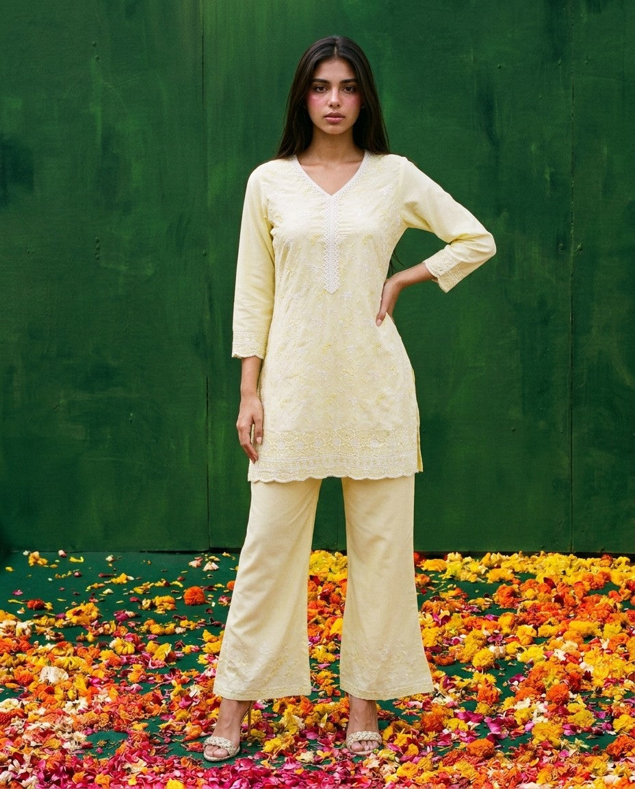 Yellow Embriodered Cotton Satin Co-Ord Set