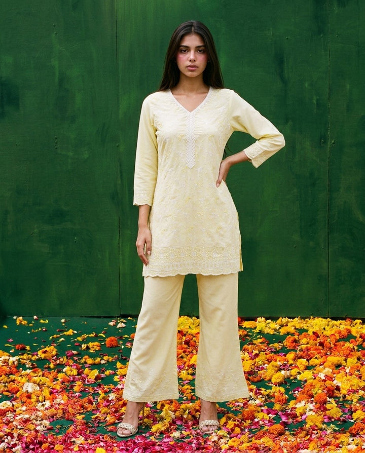 Yellow Embriodered Cotton Satin Co-Ord Set