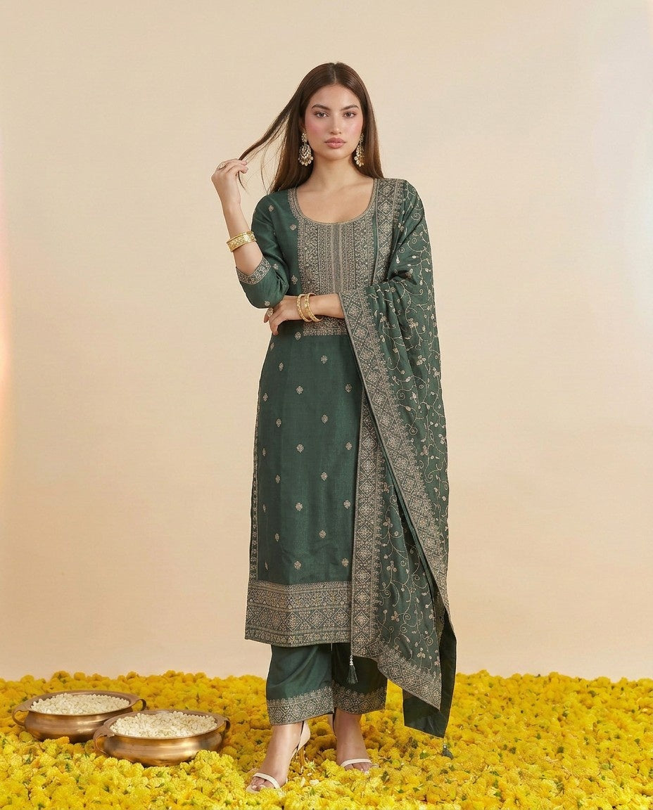 Pista Embriodered Silk Blended Kurta Bottom Dupatta Set