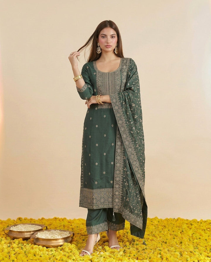Pista Embriodered Silk Blended Kurta Bottom Dupatta Set