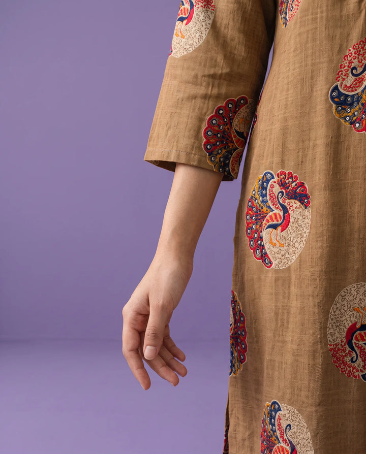 Brown Printed Rayon Straight cut Long Kurta