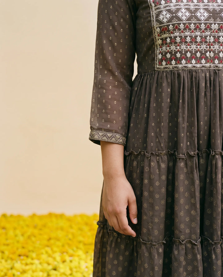 Brown Embriodered Georgette Maxi Dress