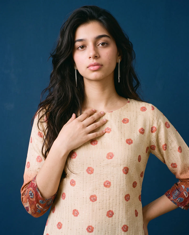 Beige Printed Viscose Blended Straight Cut Long Kurta