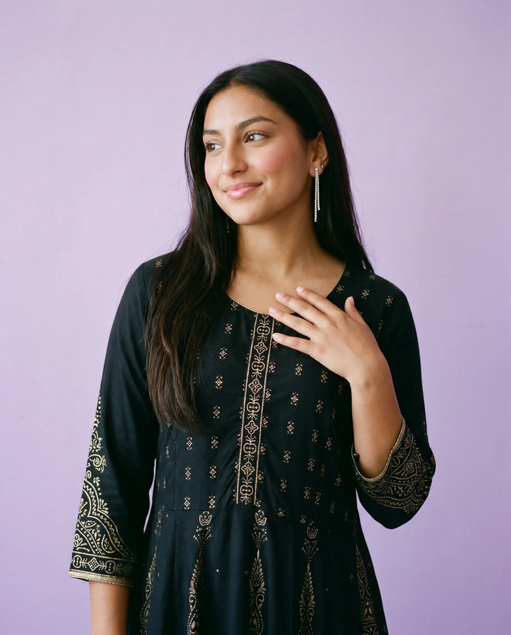 Black Printed Rayon Maxi Dress