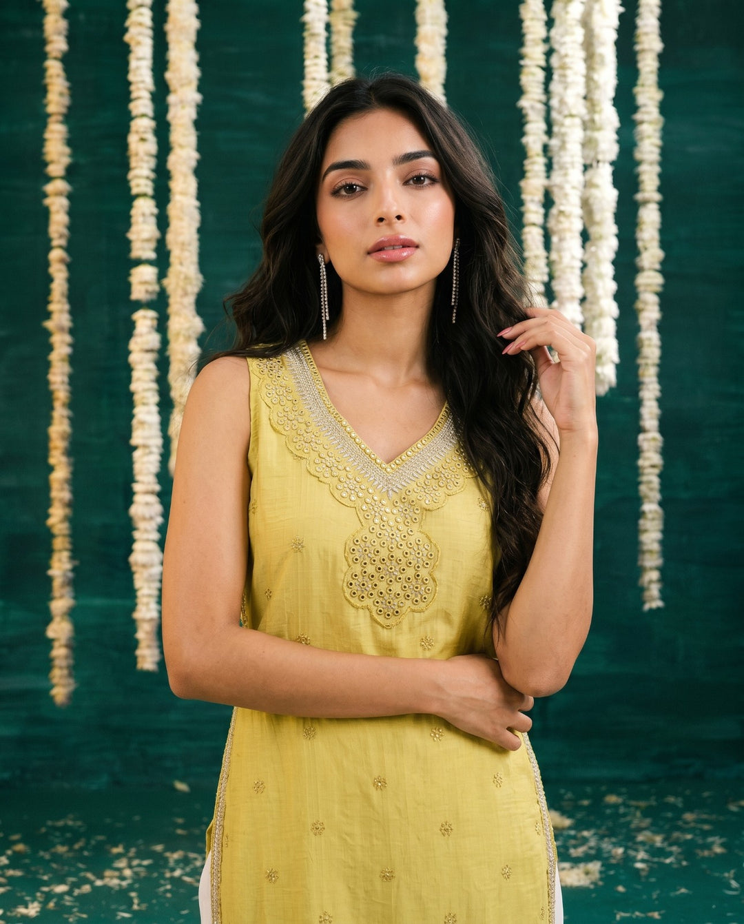 Yellow Embroidered Viscose Blended Straight cut Long Kurta