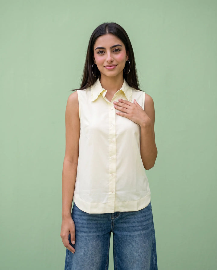 Yellow Solid Cotton Satin Sleeveless Top