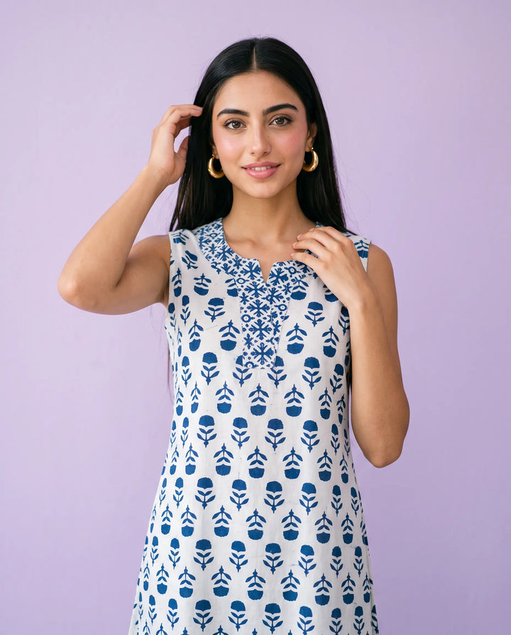 Blue Printed Pure Cotton Hand-Block Printed Midi Dress