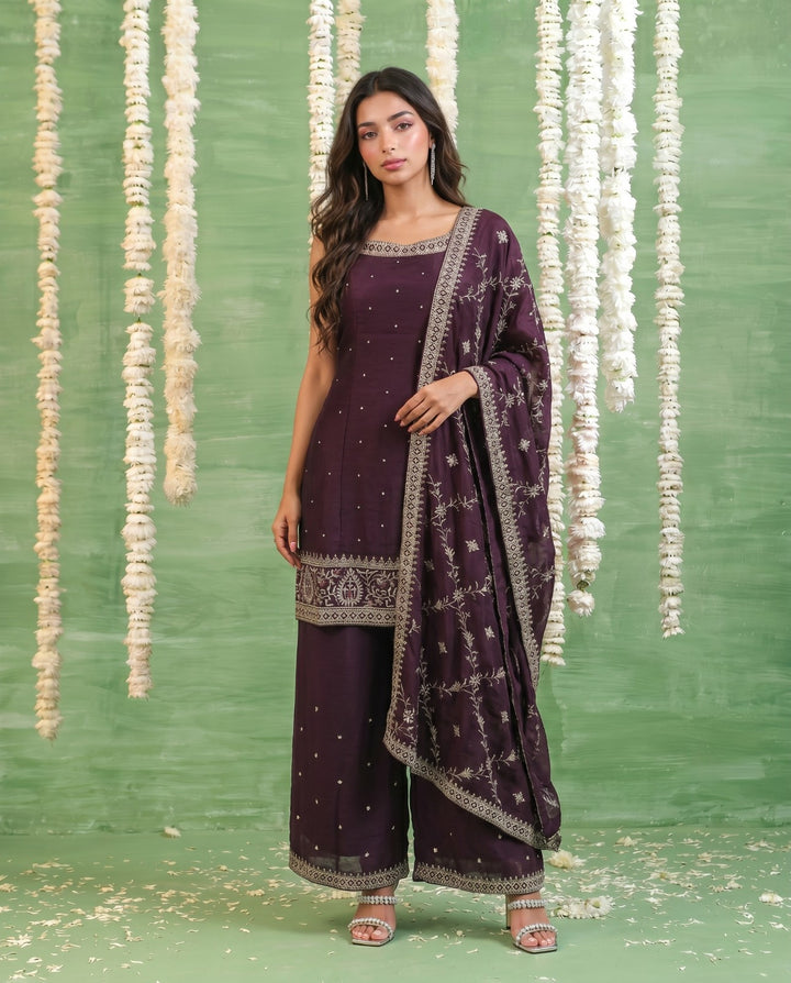 Wine Embriodered Silk Blended Sleeveless Kurta Bottom Dupatta Set