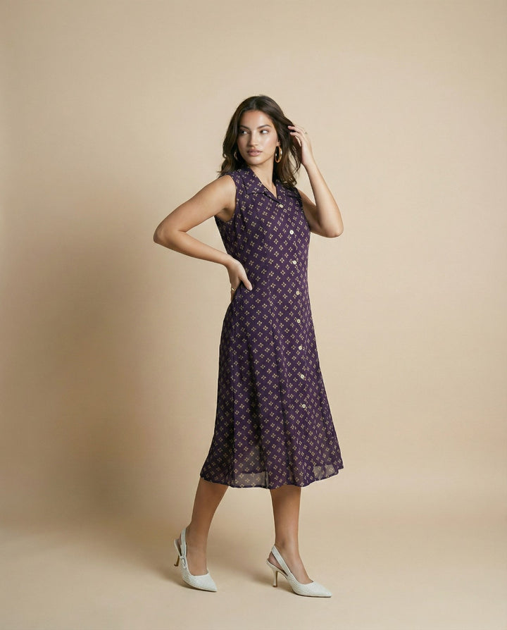 Purple Printed Viscose Blended Midi Dress