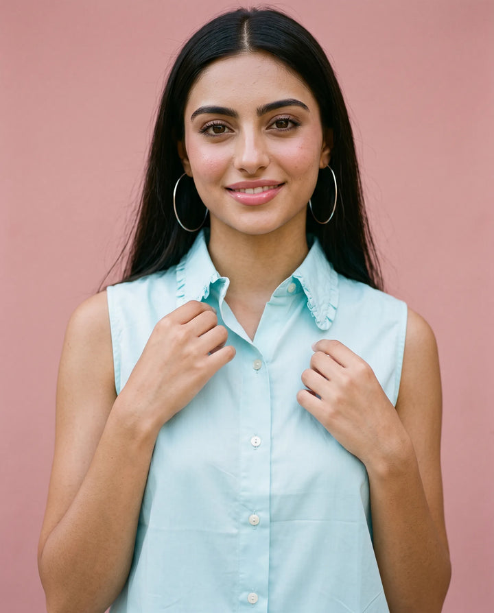 Sky Blue Solid Cotton Satin Sleeveless Top