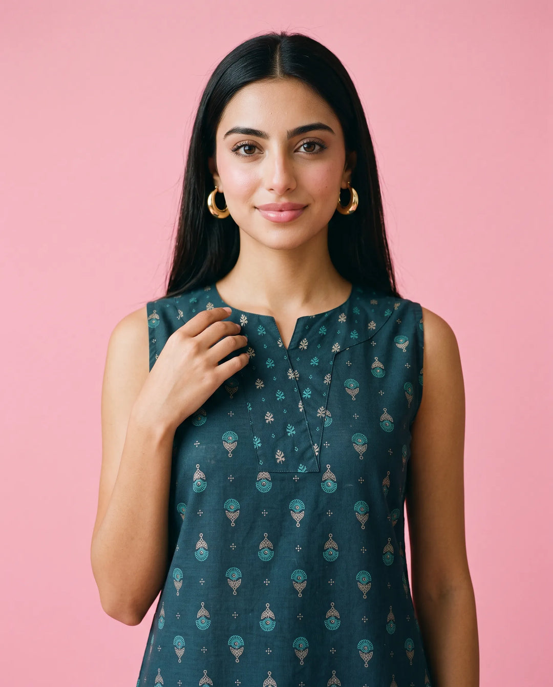 Blue Printed Cotton Midi Dress