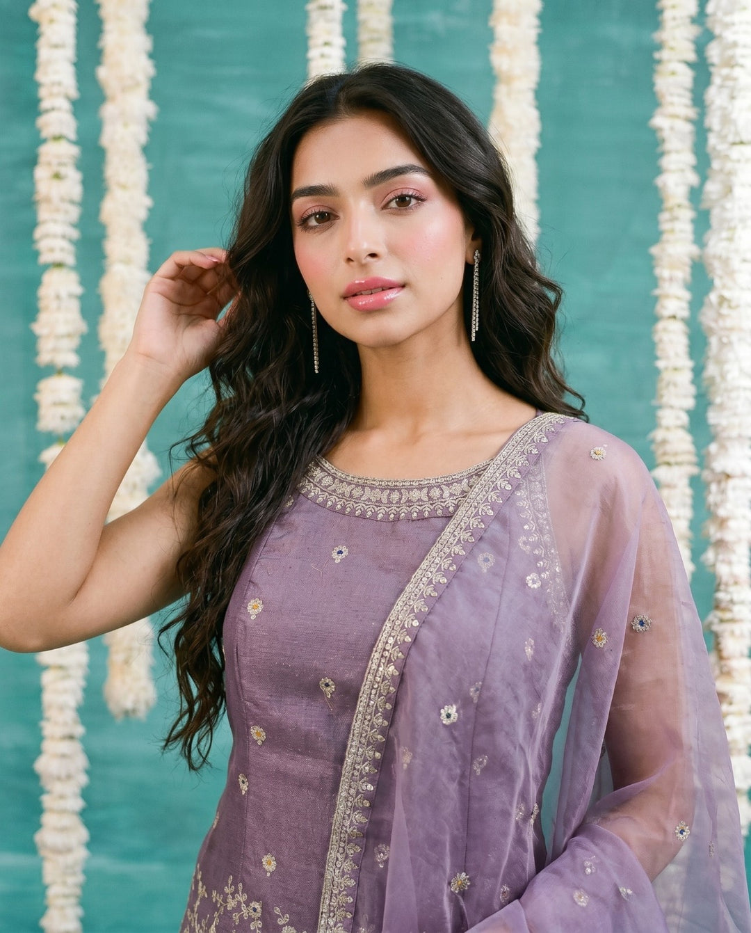 Purple Embriodered Silk Blended Spaghetti Strap Kurta Bottom Dupatta Set