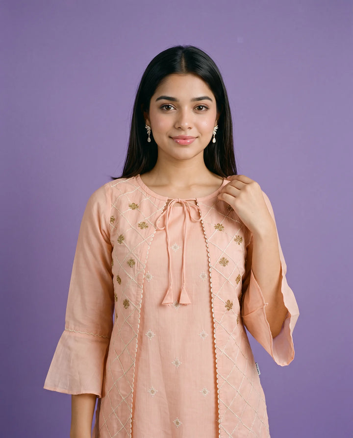Peach Embroidered Chanderi Long Kurta