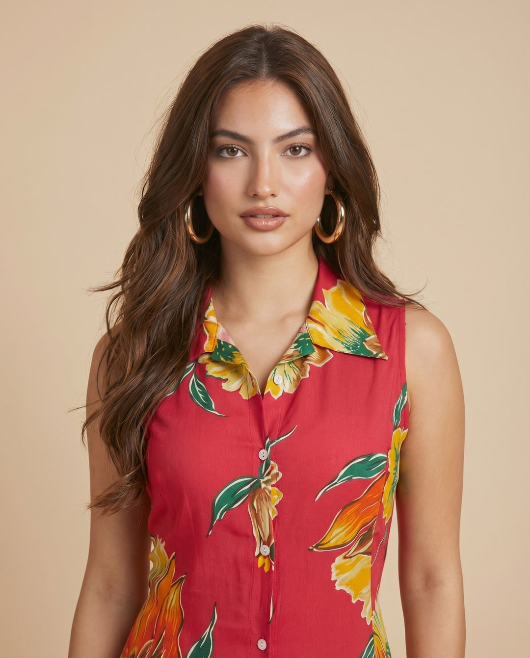Red Printed Viscose Blended Midi Dress