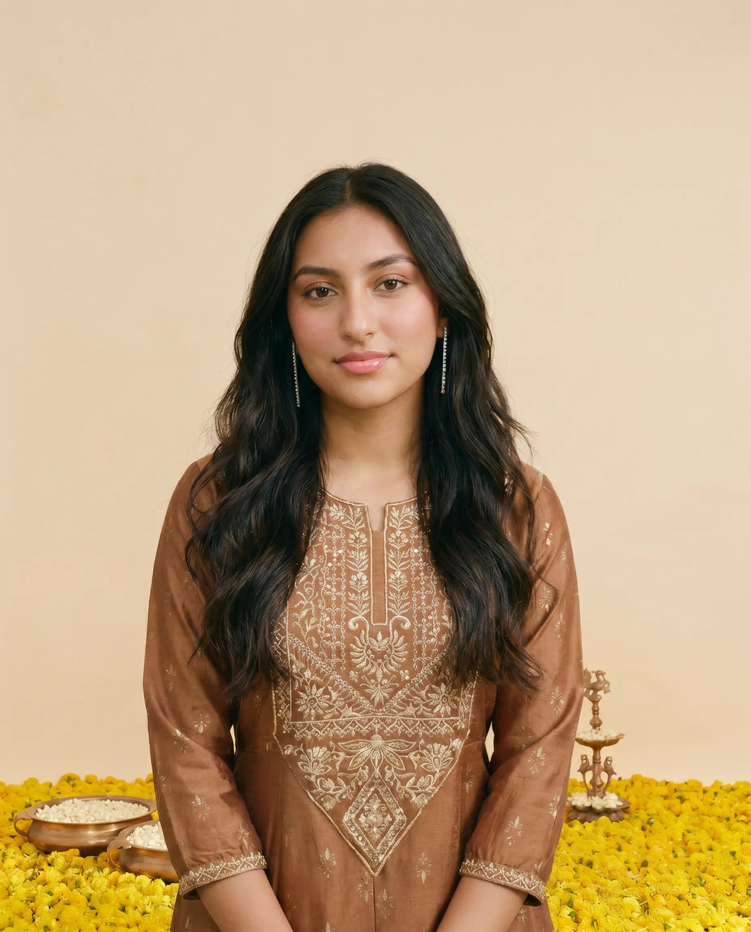 Brown Embriodered Rayon Maxi Dress