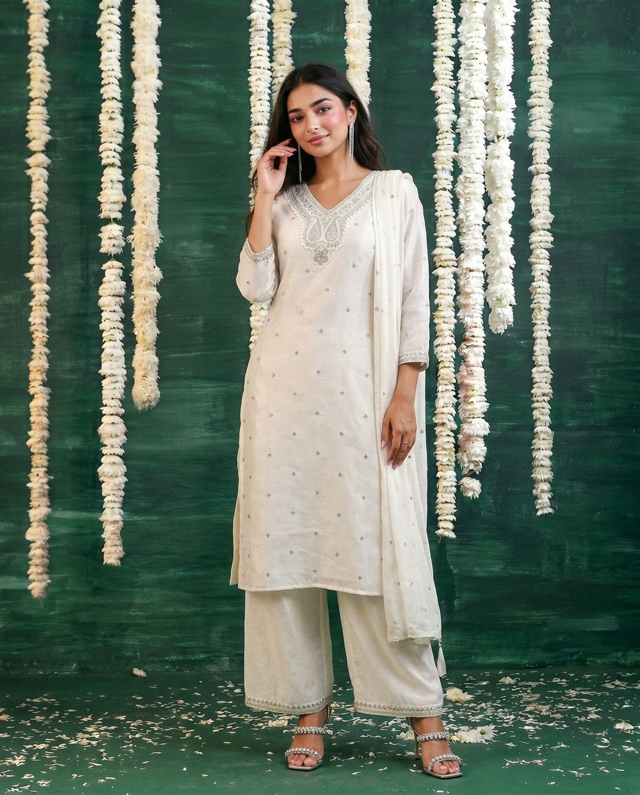White Embriodered Silk Blended Kurta Bottom Dupatta Set