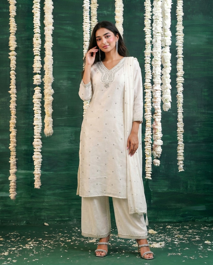 White Embriodered Silk Blended Kurta Bottom Dupatta Set