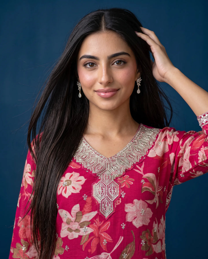 Magenta Embroidered Viscose Blended 3/4 Sleeves Straight Cut Long Kurta